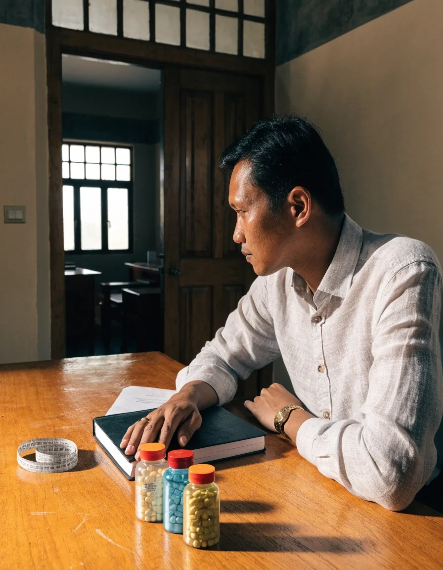 An editor writing comparison notes beside three multivitamin bottles on a desk