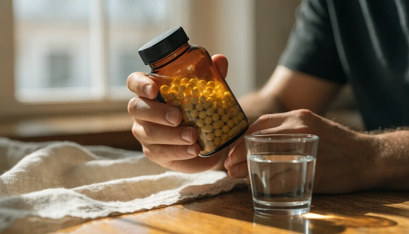 Hands turning a multivitamin bottle to read its supplement facts panel by a window