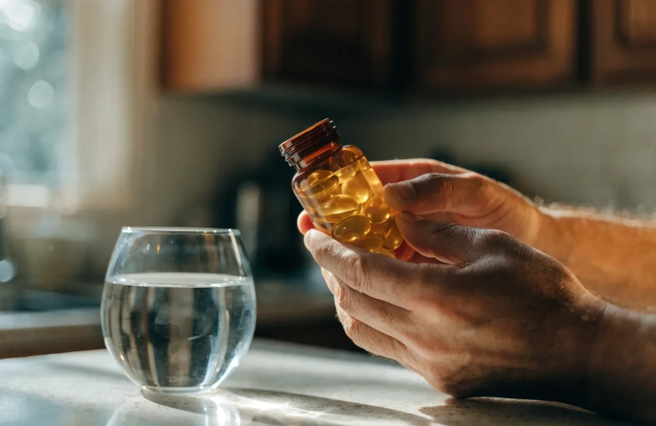 Multivitamin bottles and a glass of water on a window ledge in morning light