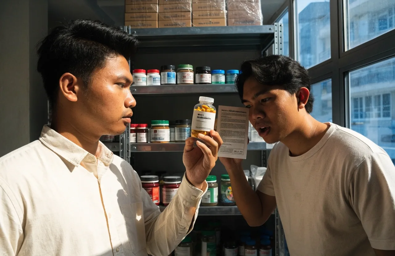 Two men comparing multivitamin bottles on a pharmacy shelf in daylight