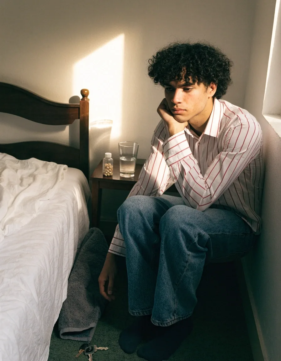 A young man checking a supplement bottle beside a glass of water in a bright apartment