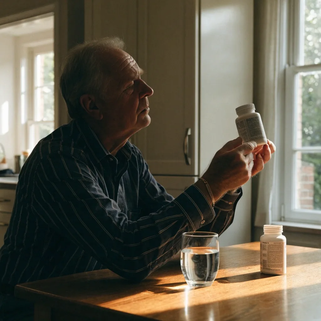 An older man reading the back of a supplement bottle by a kitchen window