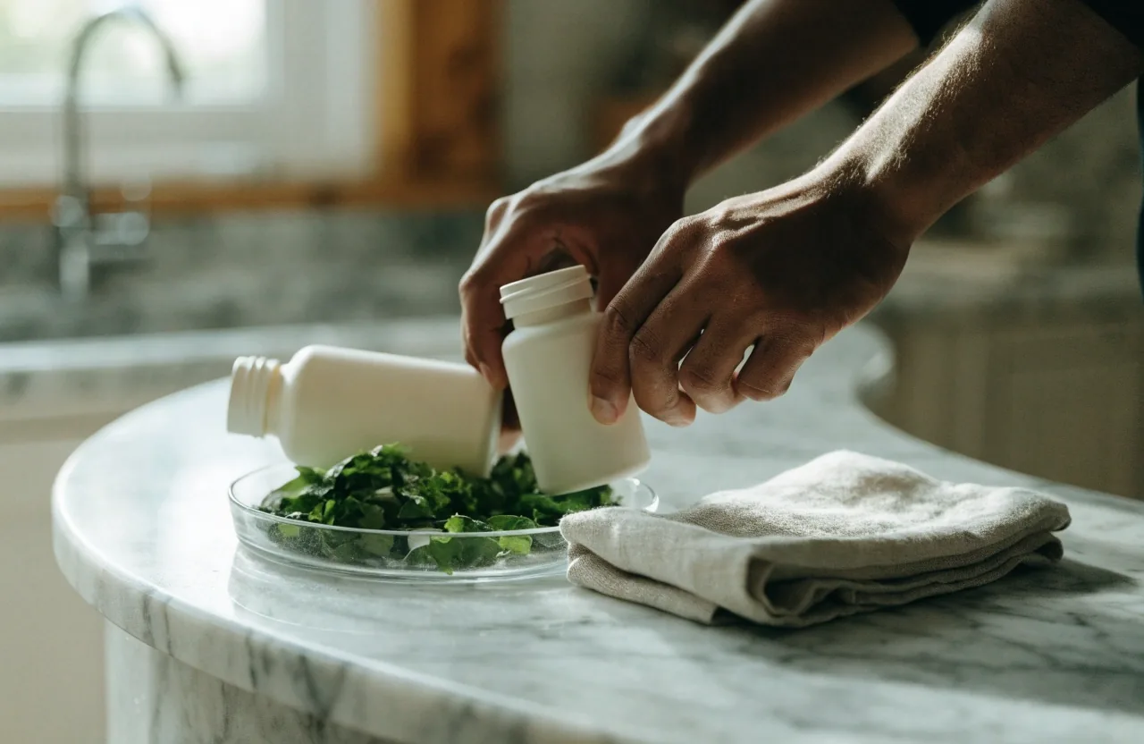 Two supplement bottles on a marble counter beside green plant material and a linen cloth