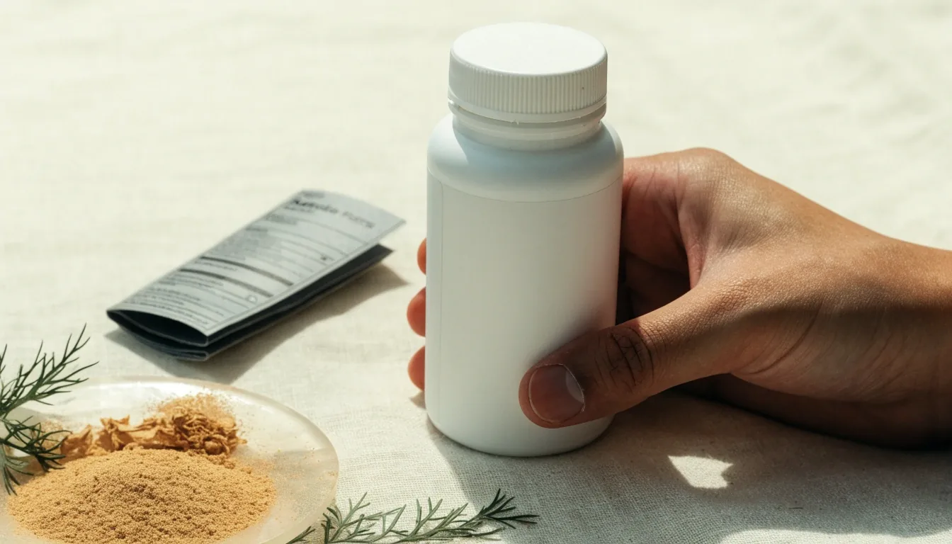 Blank supplement bottle and a face-down ingredient panel beside a dish of botanical powder on a linen surface
