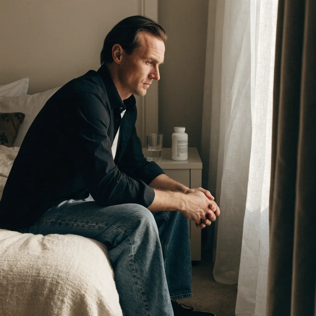 Man sitting on the edge of a bed in soft morning light with a supplement bottle and water on the bedside table