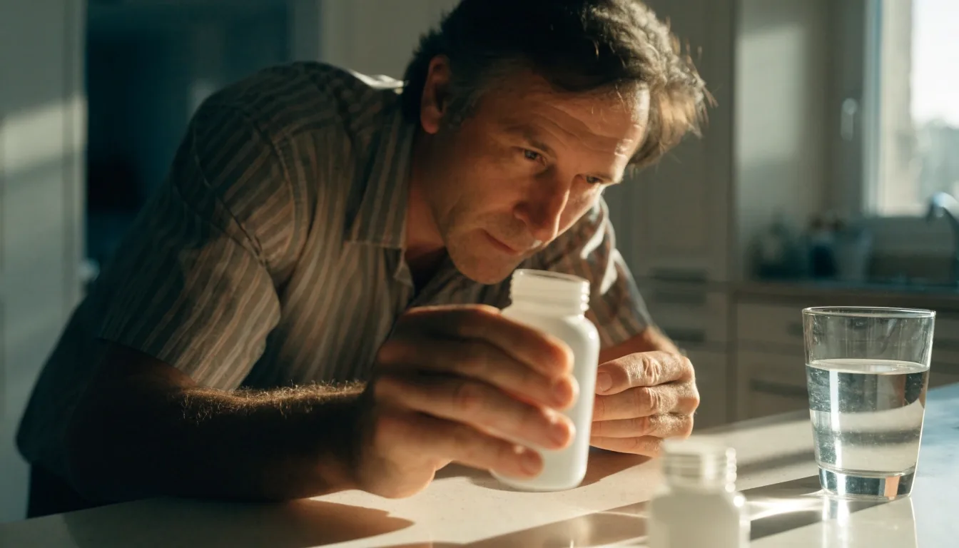 Man holding a supplement bottle up to the window light at a kitchen counter to read its label