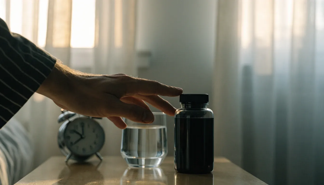 A quiet home kitchen counter in late afternoon light with a supplement bottle and a glass of water