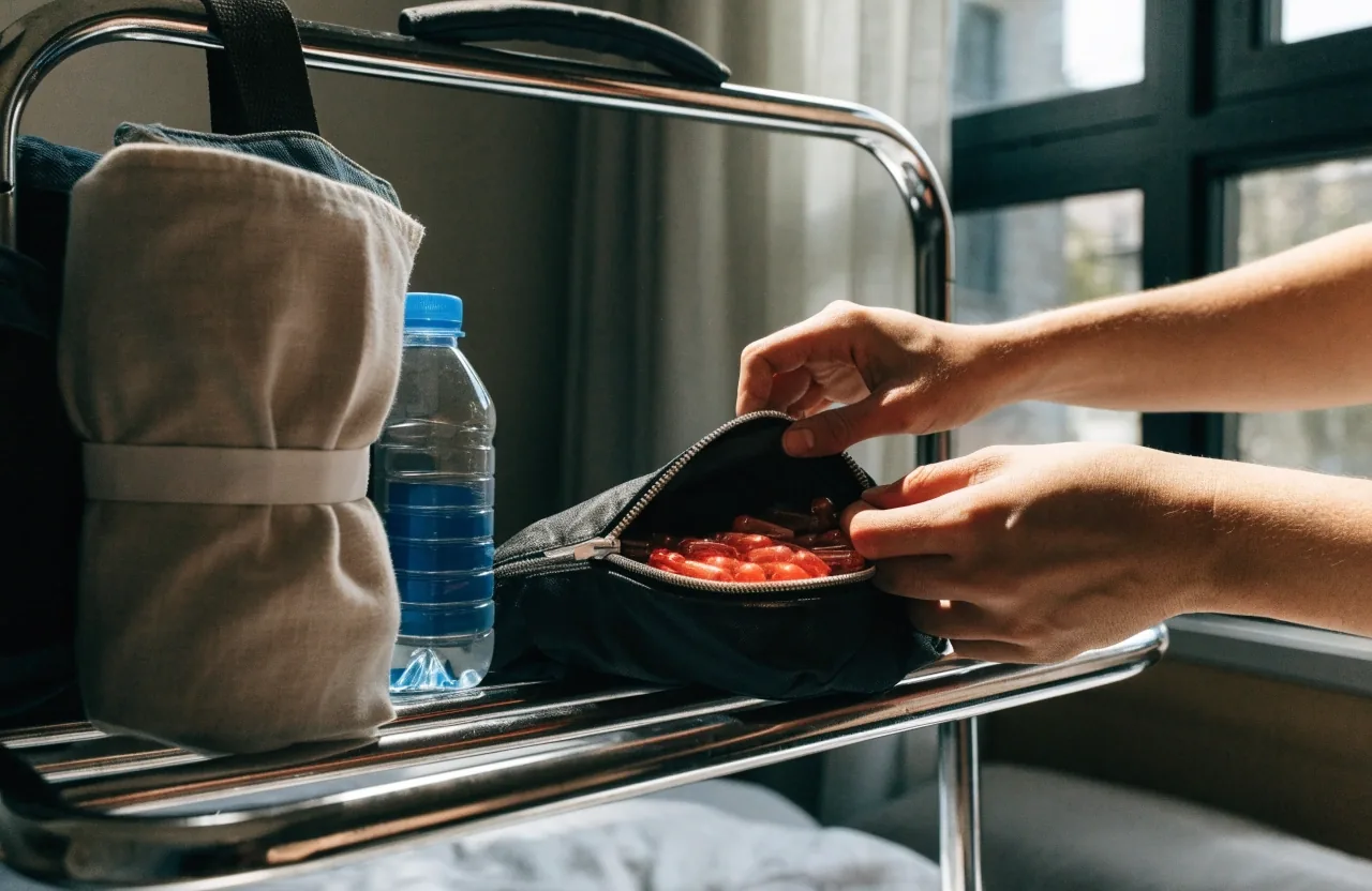 An open travel kit on a hotel bed with a small pill container and capsules among folded shirts