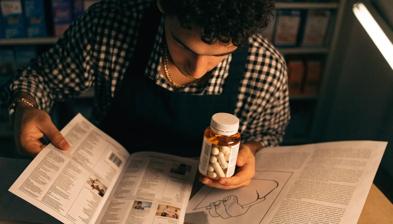 Editor checking a supplement bottle against a printed product listing before applying a correction to a published guide