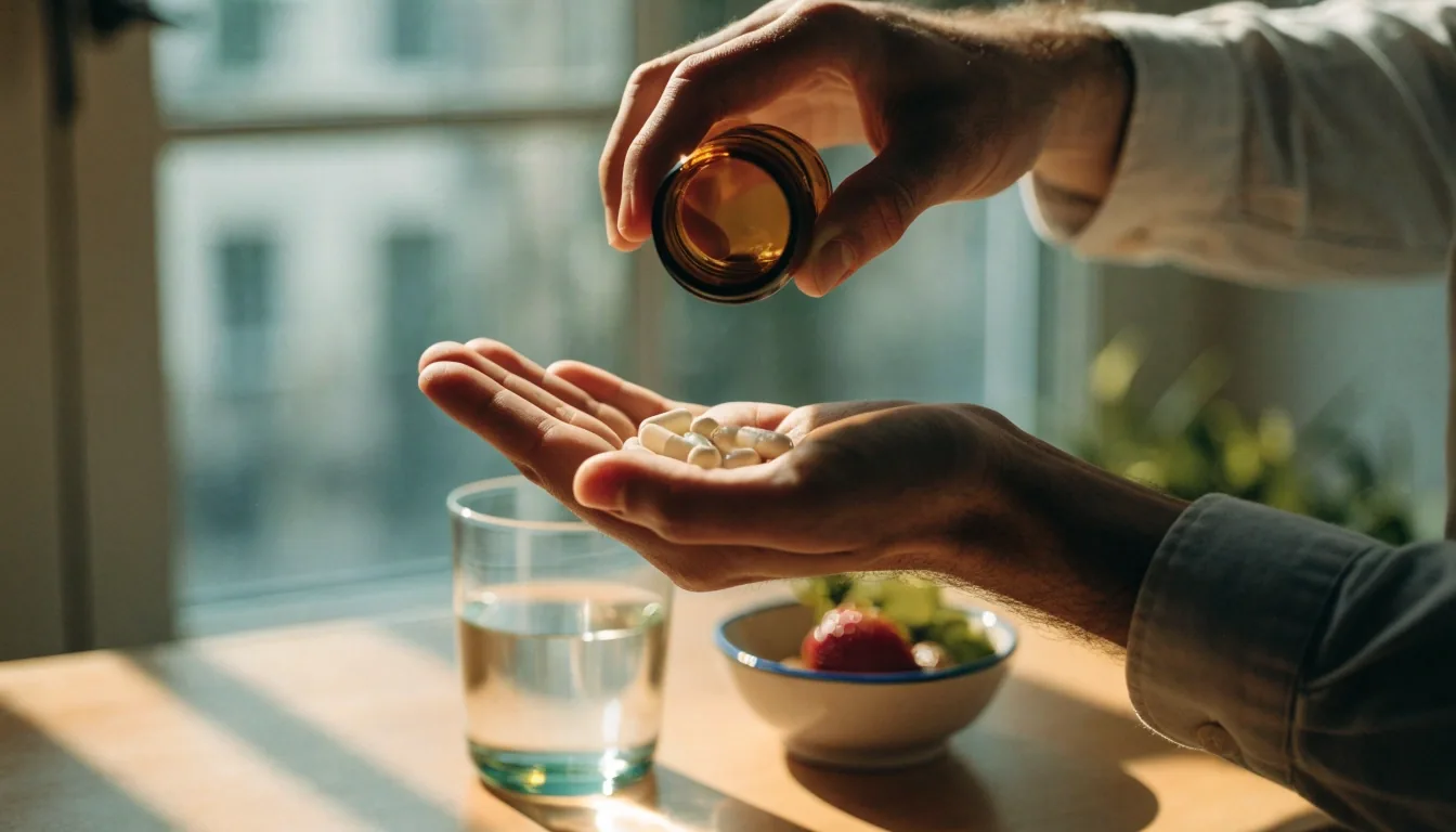 A bright kitchen counter with a glass of water, a small jar of capsules, and a closed notebook in morning light