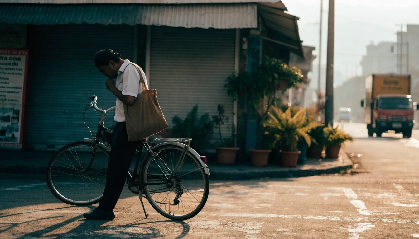 Quiet early morning street in Makassar with a man cycling past shuttered shopfronts and potted plants