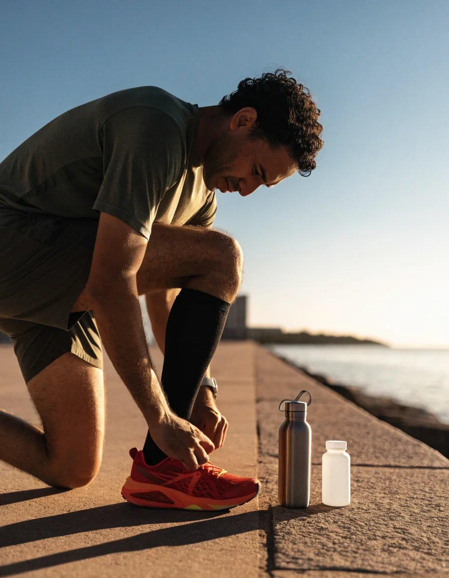 Runner tying his shoe on a coastal promenade at sunrise with a water bottle and unbranded supplement bottle on the wall beside him