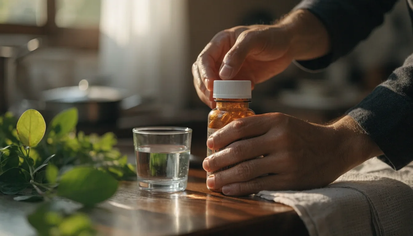 Morning kitchen counter with a supplement bottle, glass of water and loose green leaves in warm daylight