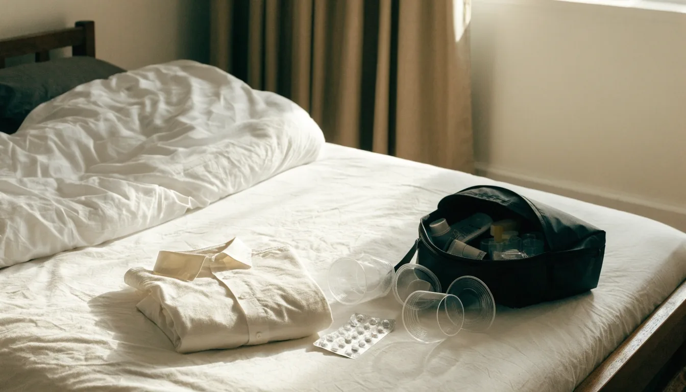 Open travel washbag on a hotel bed with small cups and unmarked blister packs in soft morning light