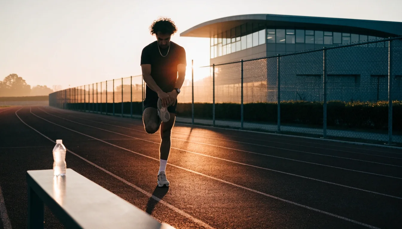 Runner stretching on a morning track with a water bottle resting on a bench nearby