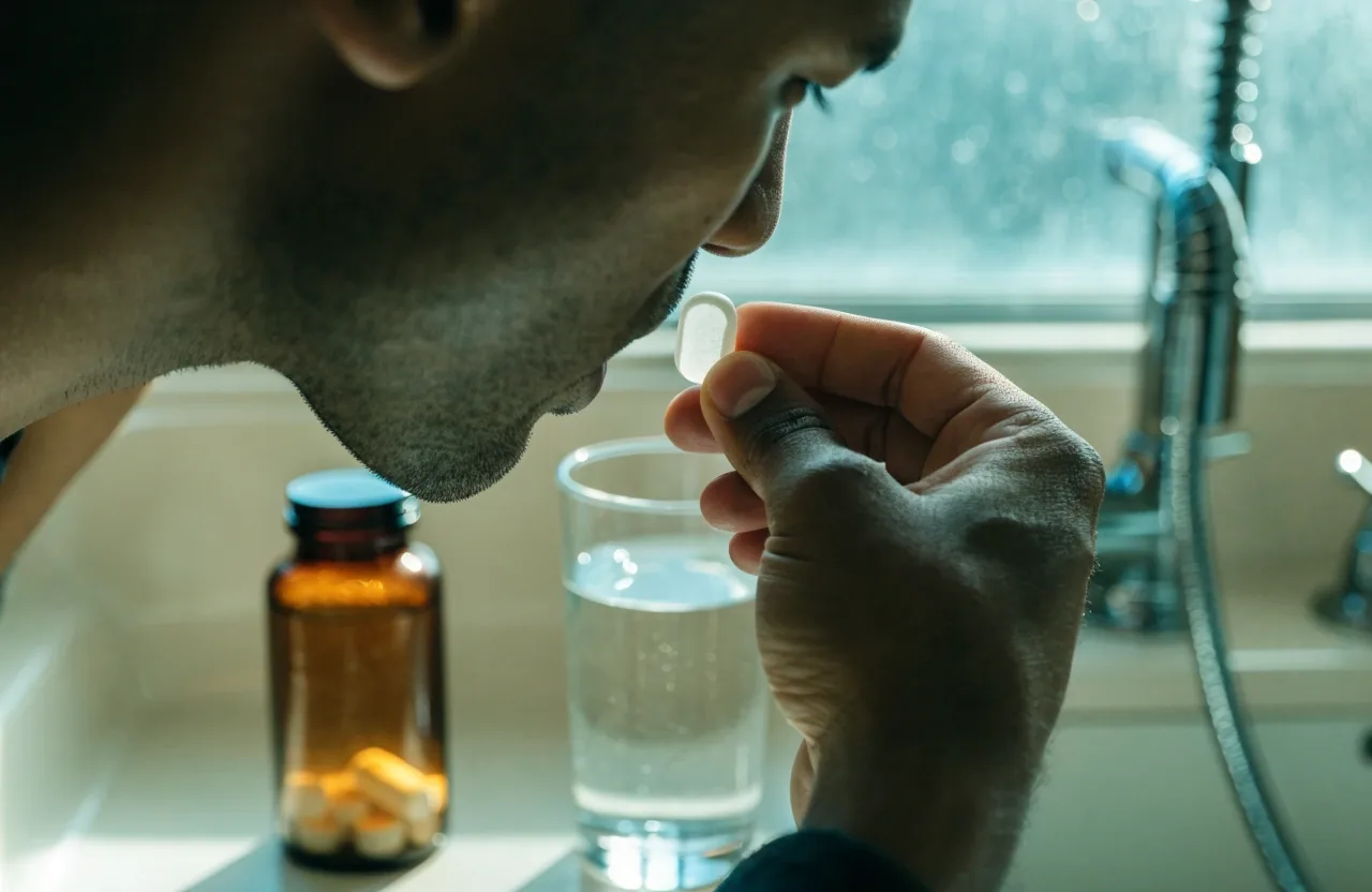 A man turning a one-a-day multivitamin tablet between his fingers in warm side light