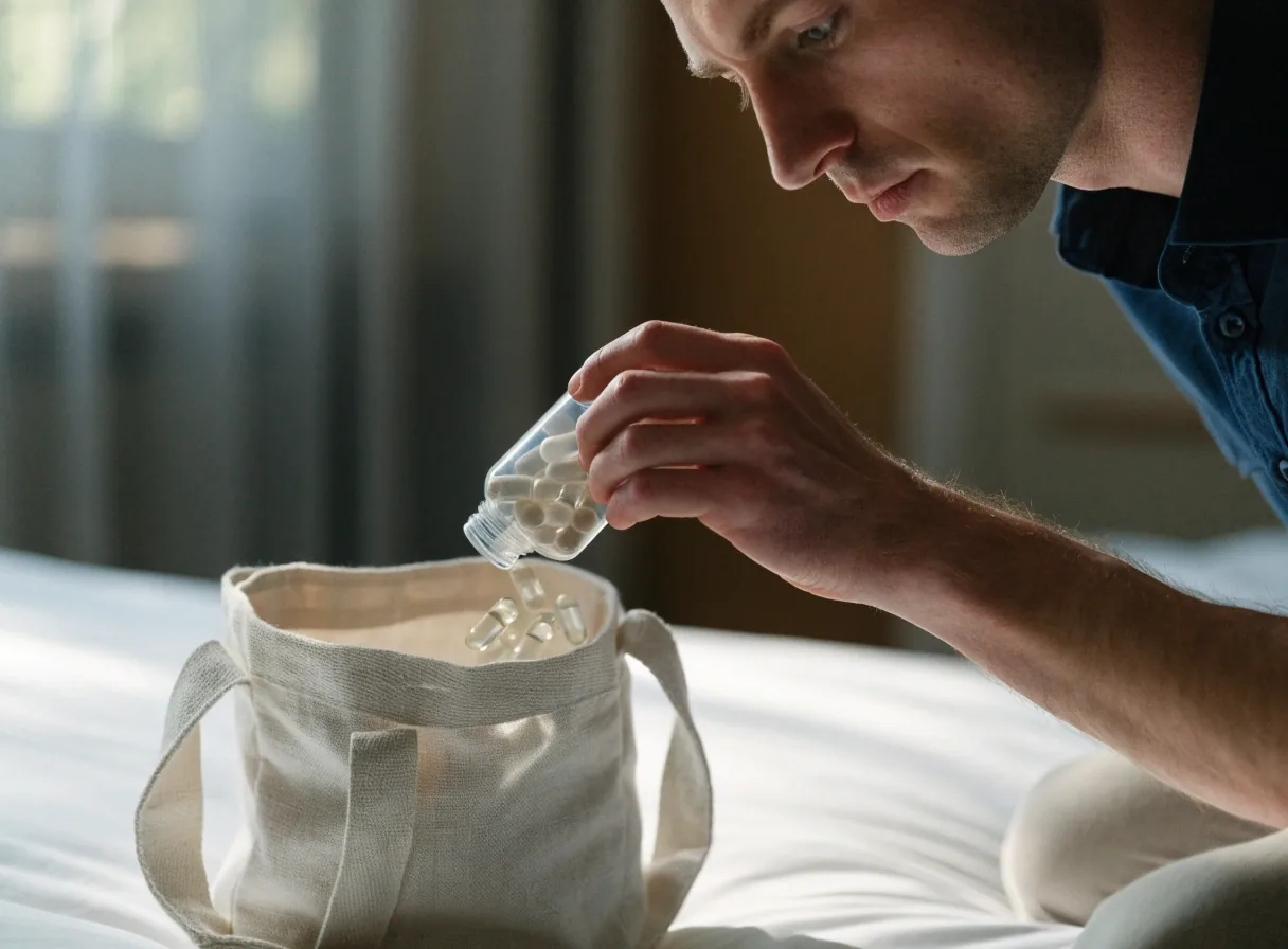 A man packing an unbranded supplement bottle and capsules into a travel pouch on a hotel bed