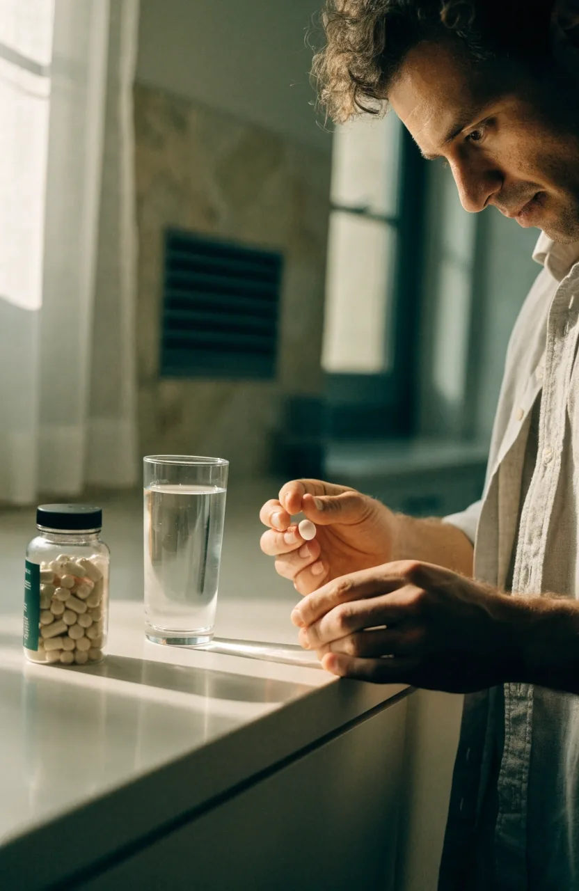 Man reading the back of a men's multivitamin bottle at a kitchen counter in morning light