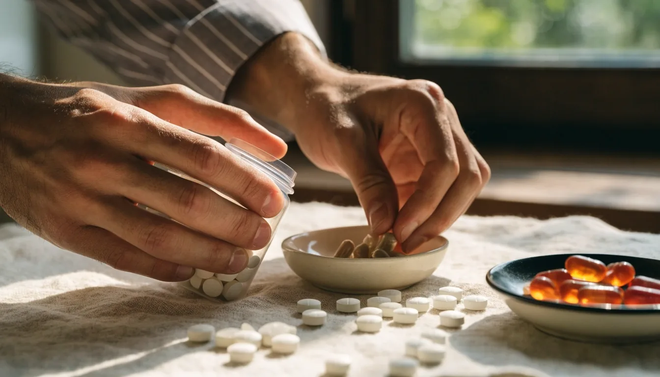 Unbranded supplement bottles, capsules, gummies and tablets laid out on linen while comparing nutrient profiles