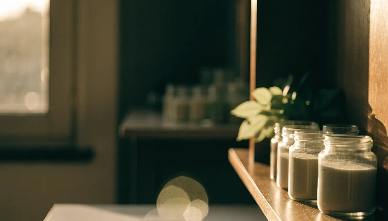 Quiet office shelf with plain unlabeled supplement jars and a green plant in afternoon light