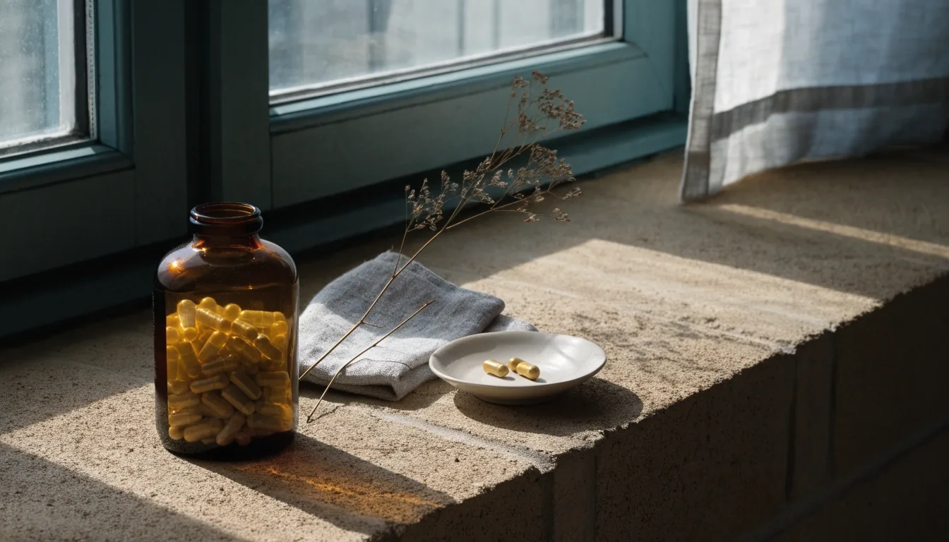 Unlabelled amber supplement bottle and loose capsules resting on a sunlit windowsill